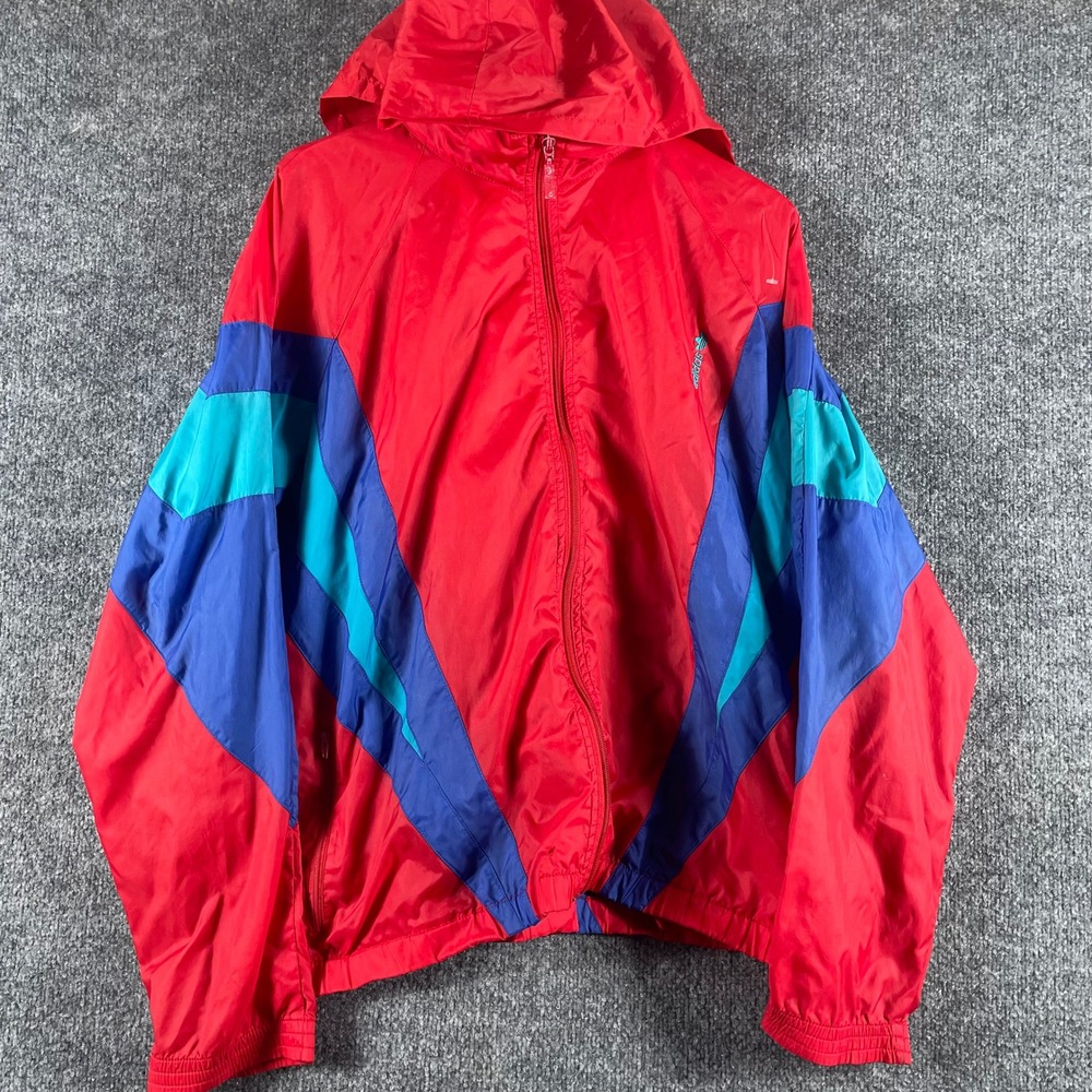 Vintage Adidas Jacket Mens 2XL Red Windbreaker 80s Colorblock Trefoil Hooded